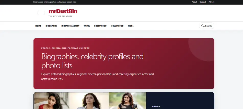 MrDustbin.com entertainment and biography publishing website homepage
